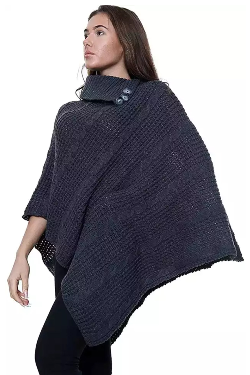 Ladies Charcoal 3-Button Knitted Winter Poncho Cape