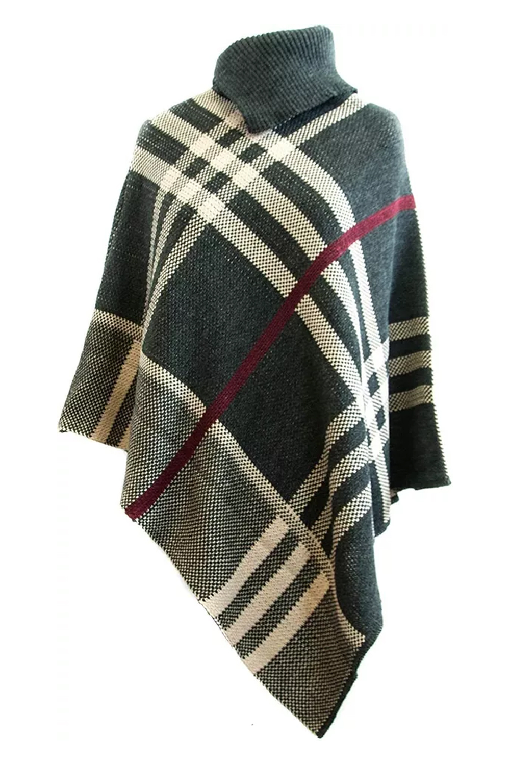 Ladies Charcoal High Neck Tartan Check Knitted Poncho Cape Shawl
