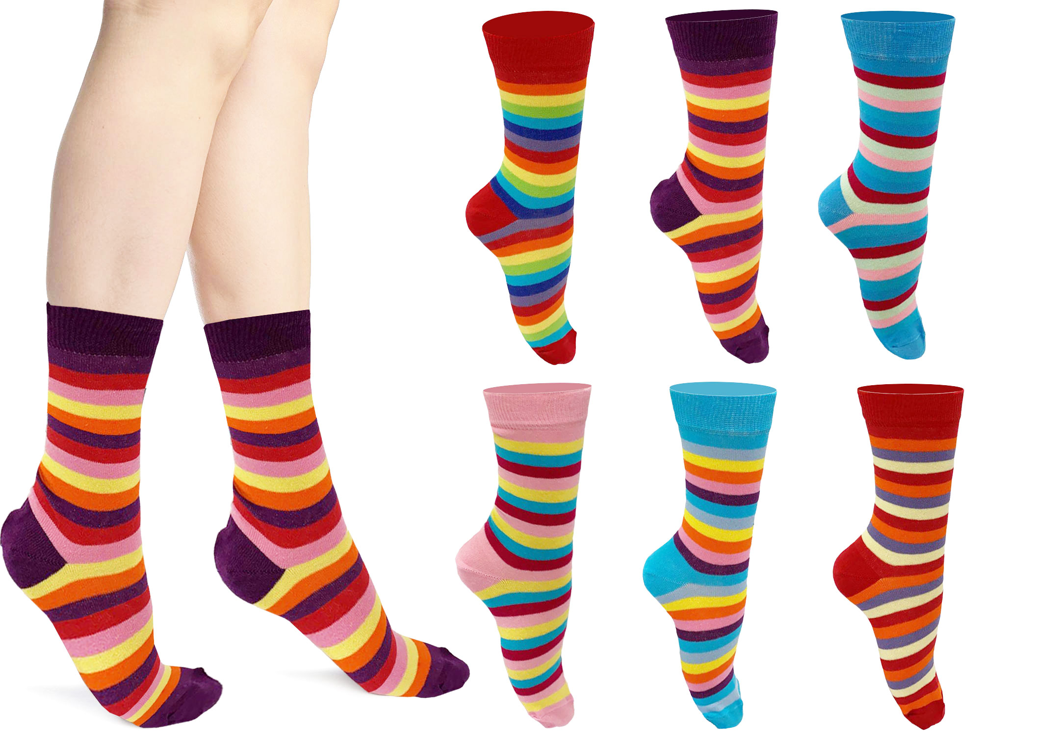 Ladies Multi Colors Stripe Ankle Socks(12 Pairs)