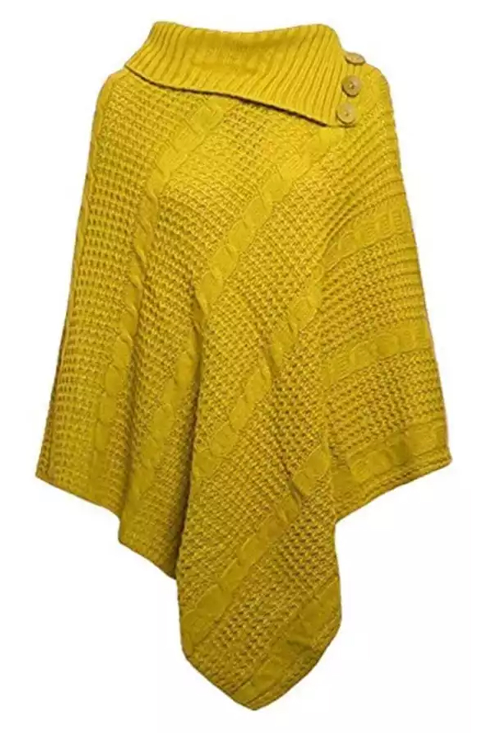 Ladies Mustard 3-Button Knitted Winter Poncho Cape