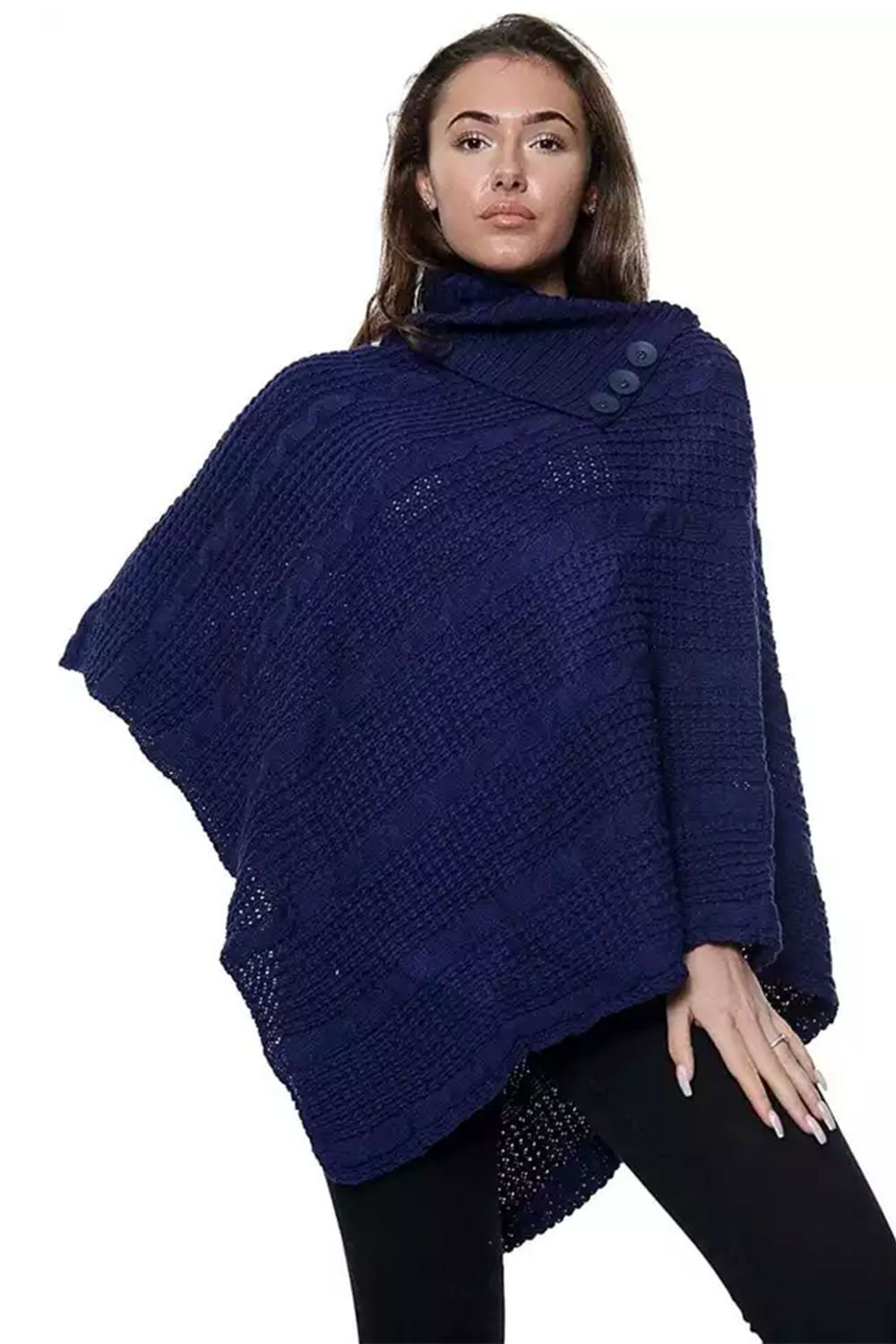 Ladies Navy 3-Button Knitted Winter Poncho Cape