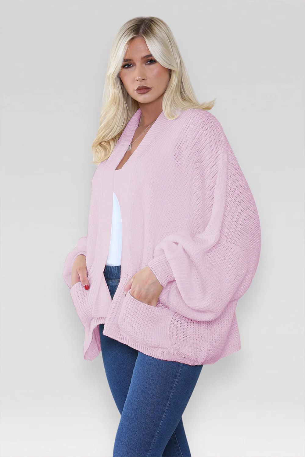 Ladies Oversized Cropped Short Balloon Pocket Chunky Knitted Cardigan Baby Pink