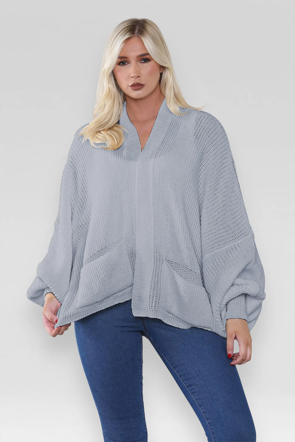 Ladies Oversized Cropped Short Balloon Pocket Chunky Knitted Cardigan Charcoal