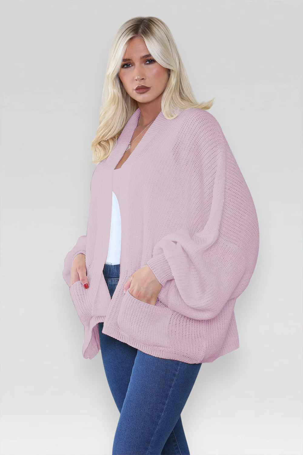 Ladies Oversized Cropped Short Balloon Pocket Chunky Knitted Cardigan Dusty Pink
