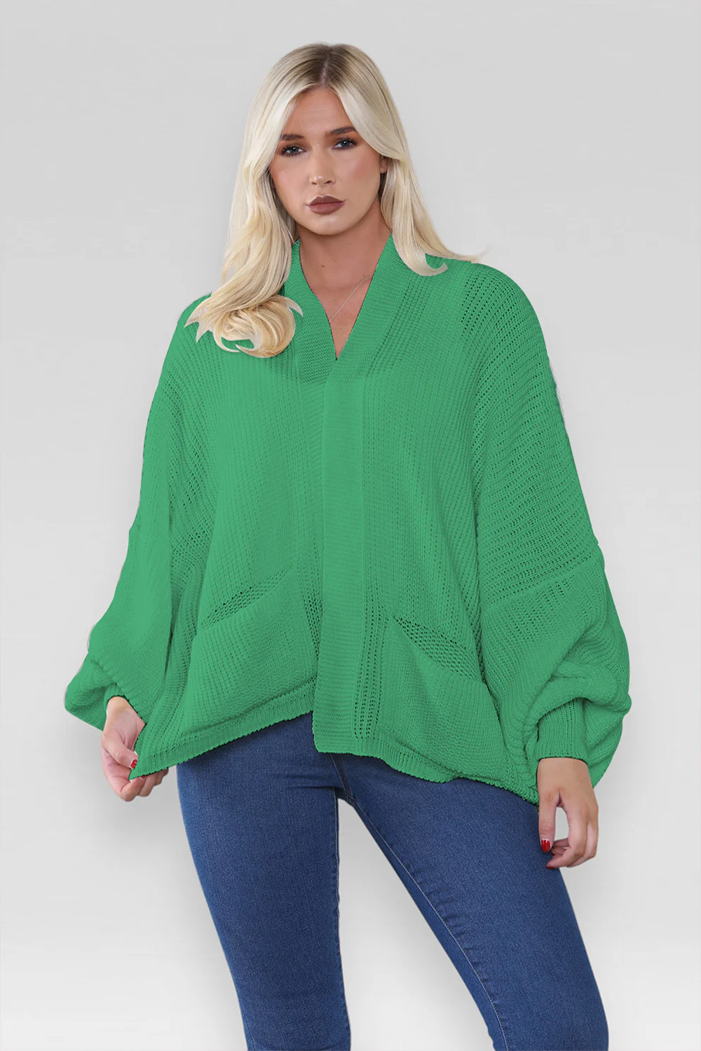 Ladies Oversized Cropped Short Balloon Pocket Chunky Knitted Cardigan Jade Green