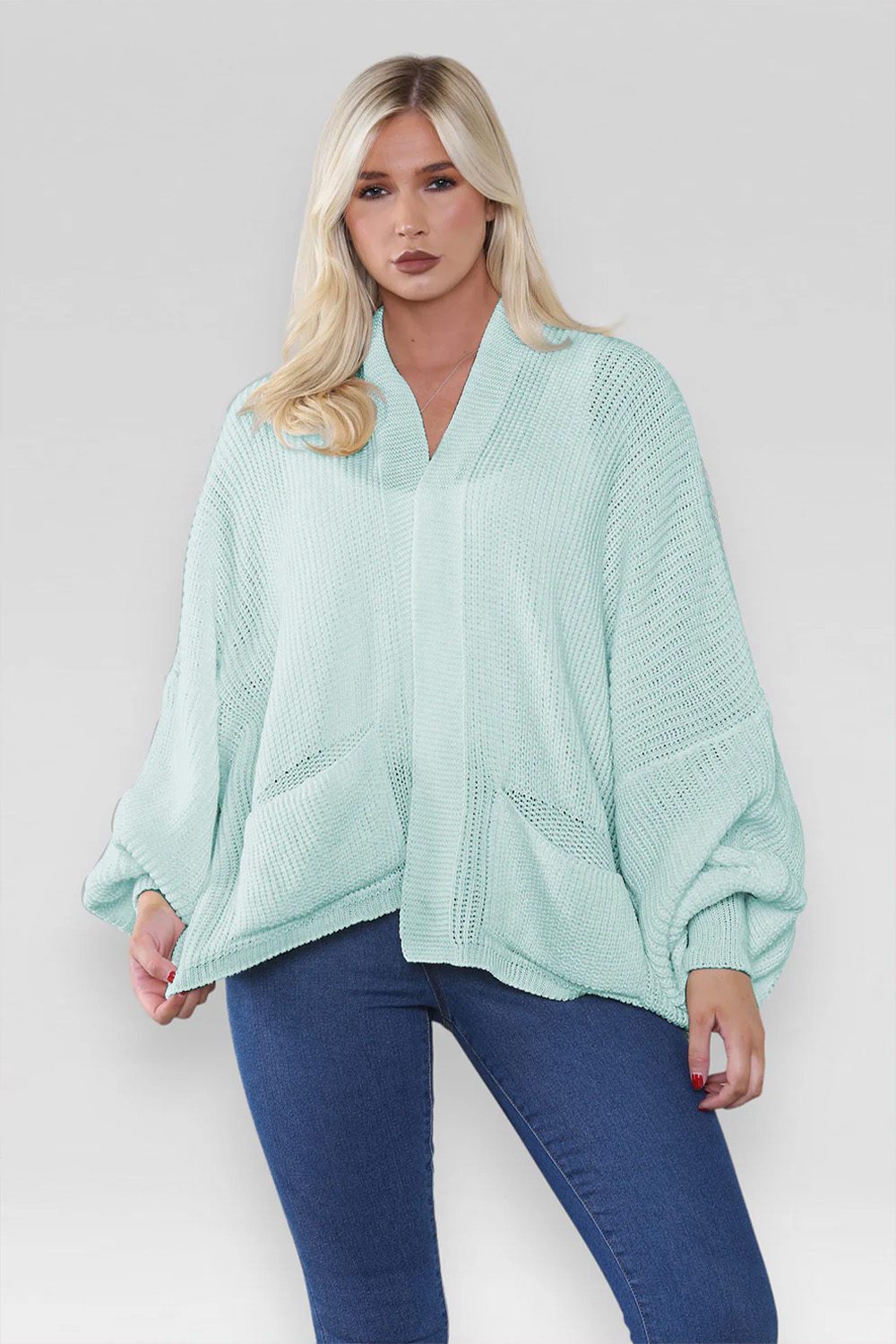 Ladies Oversized Cropped Short Balloon Pocket Chunky Knitted Cardigan Mint