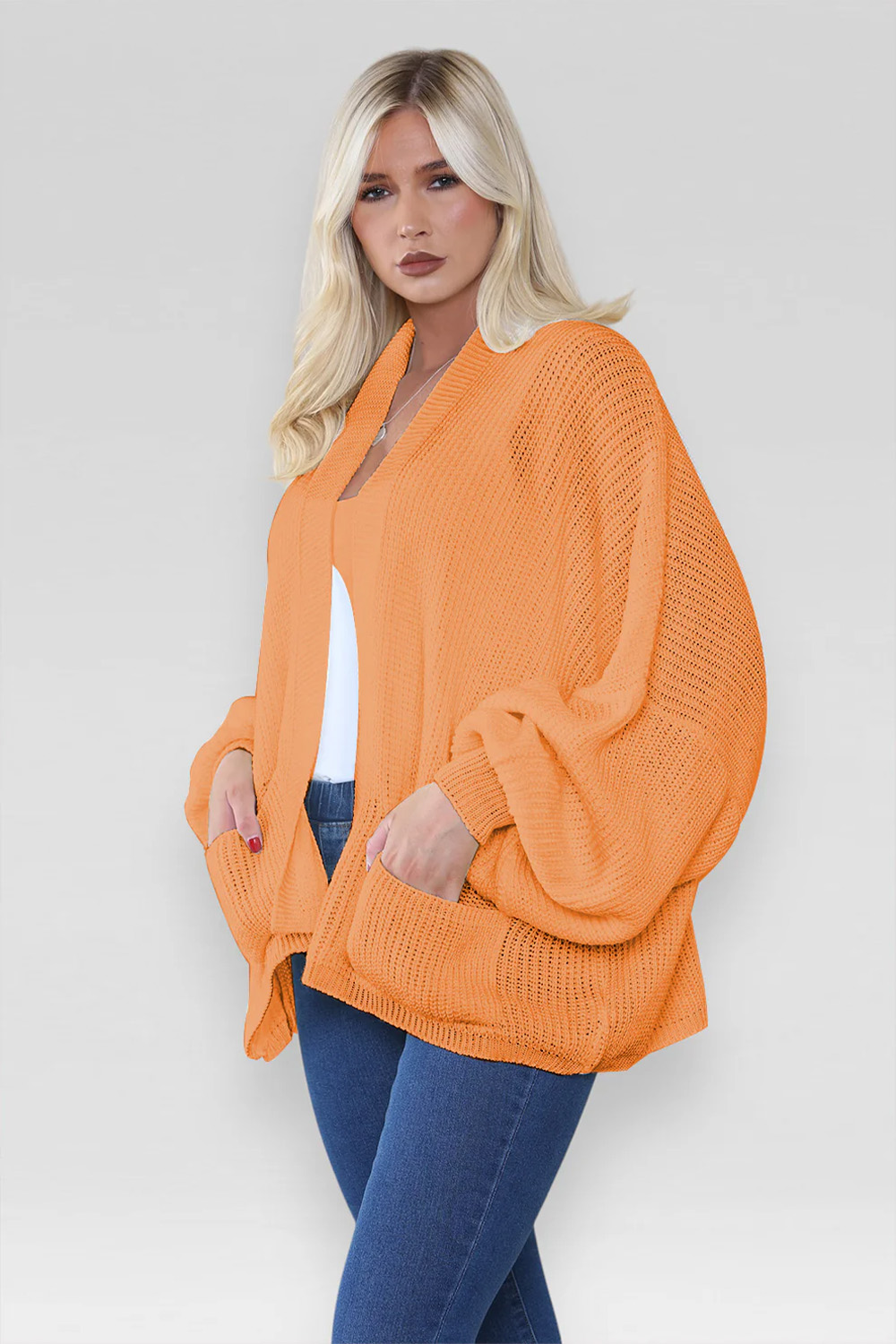 Ladies Oversized Cropped Short Balloon Pocket Chunky Knitted Cardigan Orange