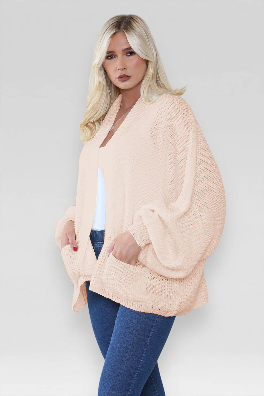 Ladies Oversized Cropped Short Balloon Pocket Chunky Knitted Cardigan Peach