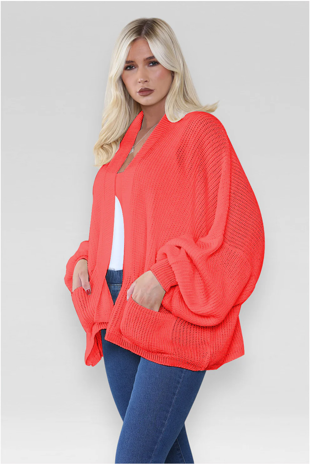 Ladies Oversized Cropped Short Balloon Pocket Chunky Knitted Cardigan Red