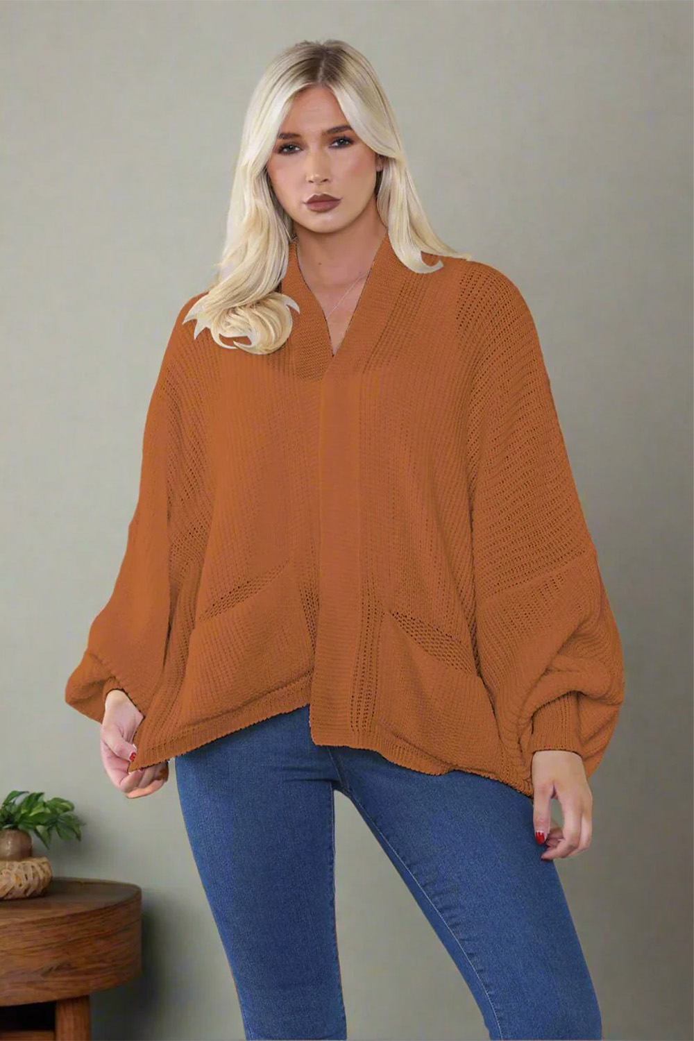 Ladies Oversized Cropped Short Balloon Pocket Chunky Knitted Cardigan Rust