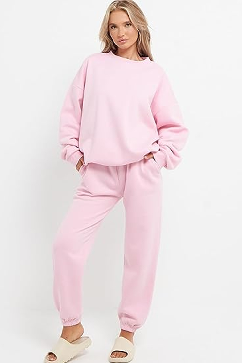 Ladies Plain Tracksuit Round Neck Sweatshirts Top & Joggers Full Set Pink
