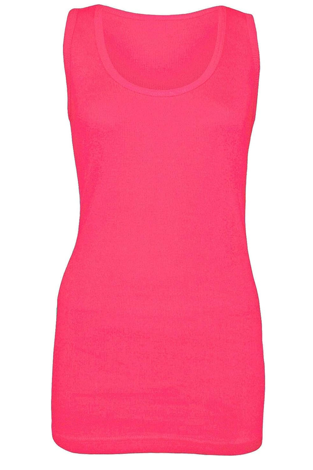Ladies Plus Size Plain Rib Vest Top UK Size 14 to 28 Neon Pink