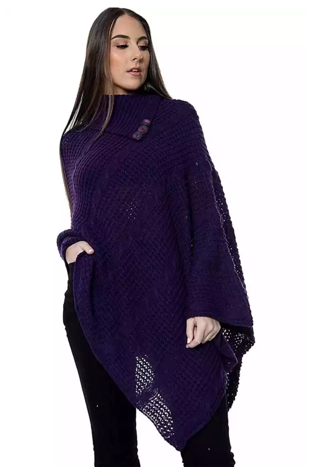 Ladies Purple 3-Button Knitted Winter Poncho Cape