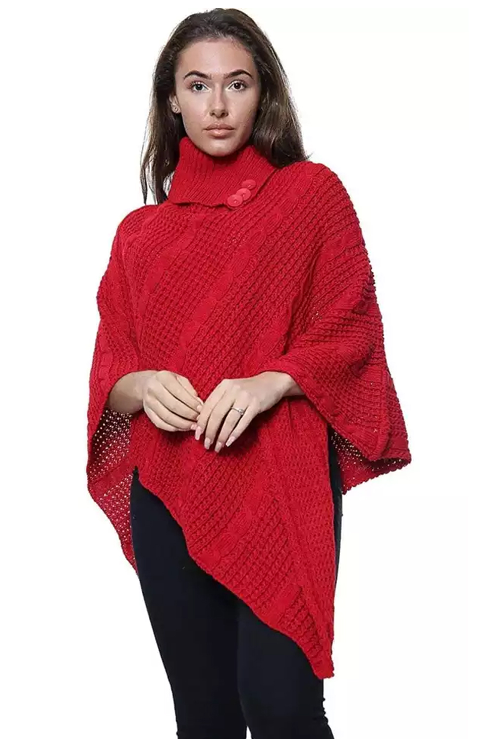 Ladies Red 3-Button Knitted Winter Poncho Cape