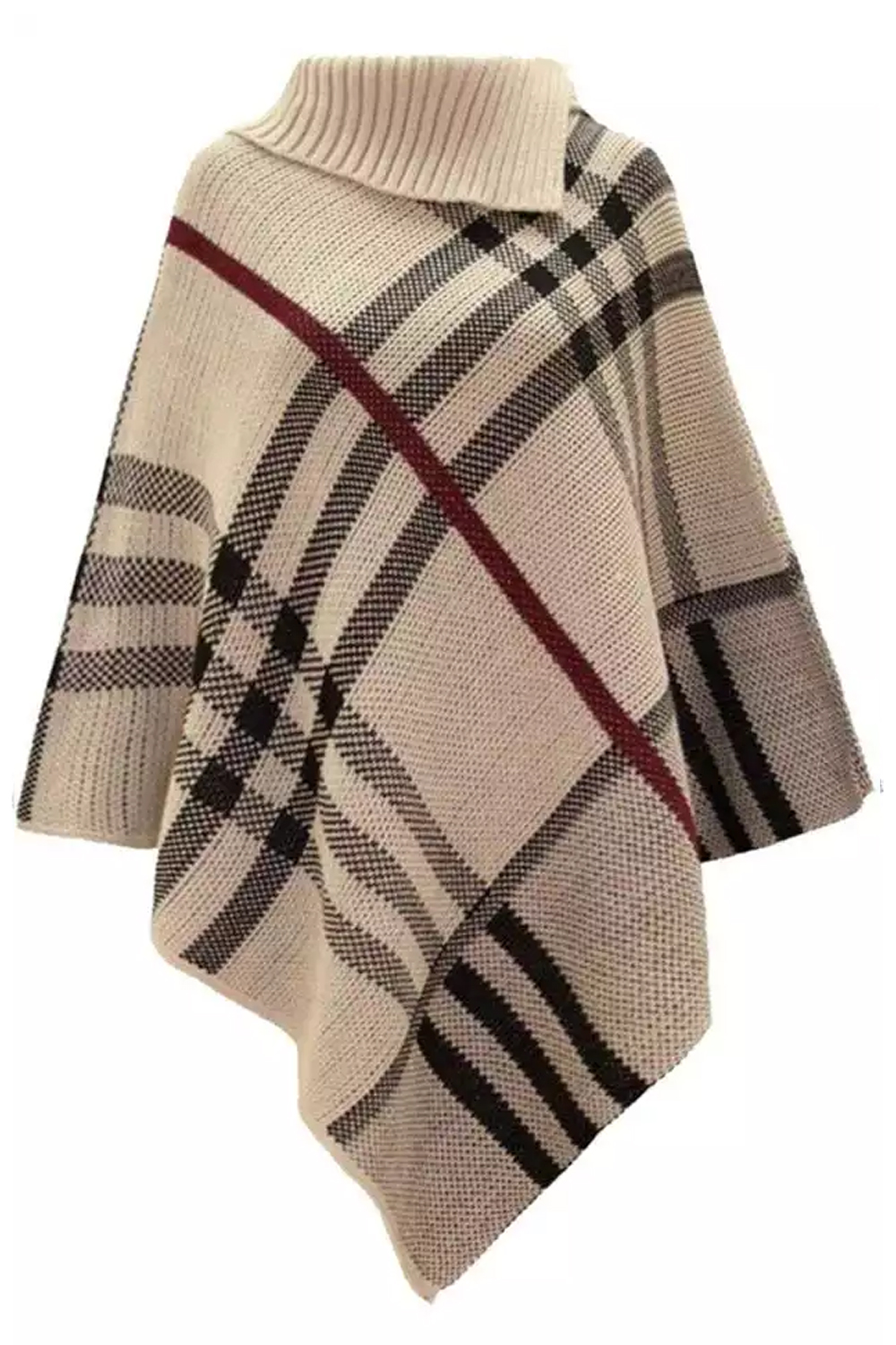 Ladies Stone High Neck Tartan Check Knitted Poncho Cape Shawl