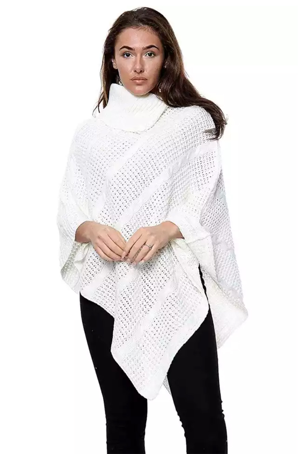 Ladies White 3-Button Knitted Winter Poncho Cape