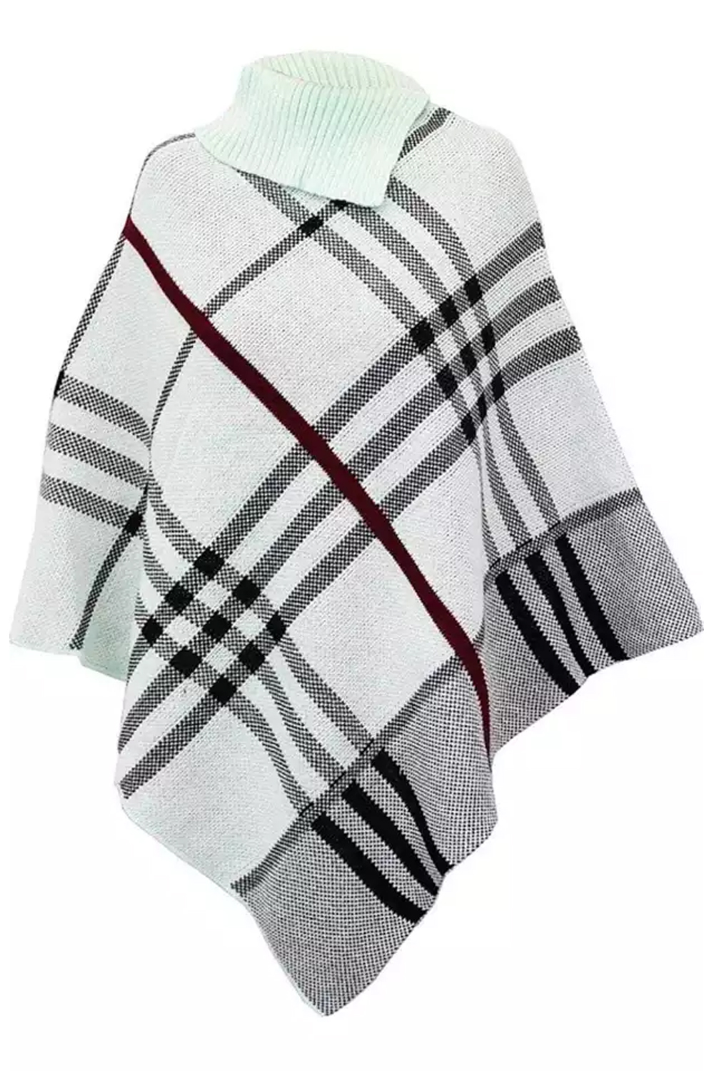 Ladies White High Neck Tartan Check Knitted Poncho Cape Shawl