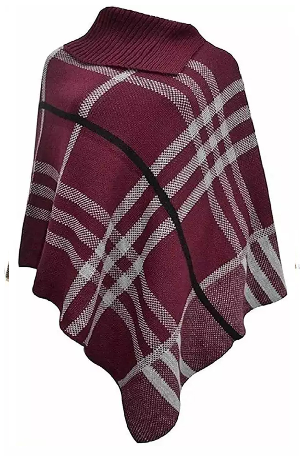 Ladies Wine High Neck Tartan Check Knitted Poncho Cape Shawl