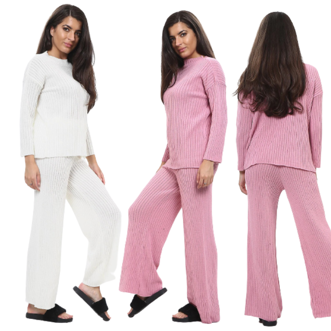 Womens Knitted Ribbed Round Neck Palazzo Lounge Wear Tracksuit Ladies (Pack of 3)