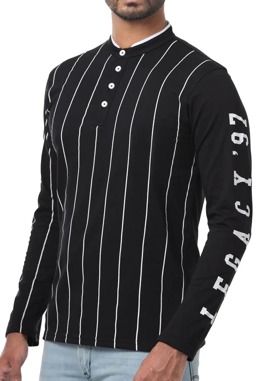 Long Sleeved Mens Vertical Striped Mandarin Polo Top | Line Classics