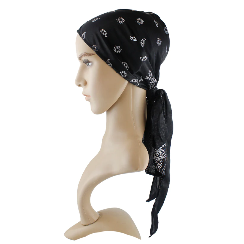 Long Tail Black Durag White Paisley Print