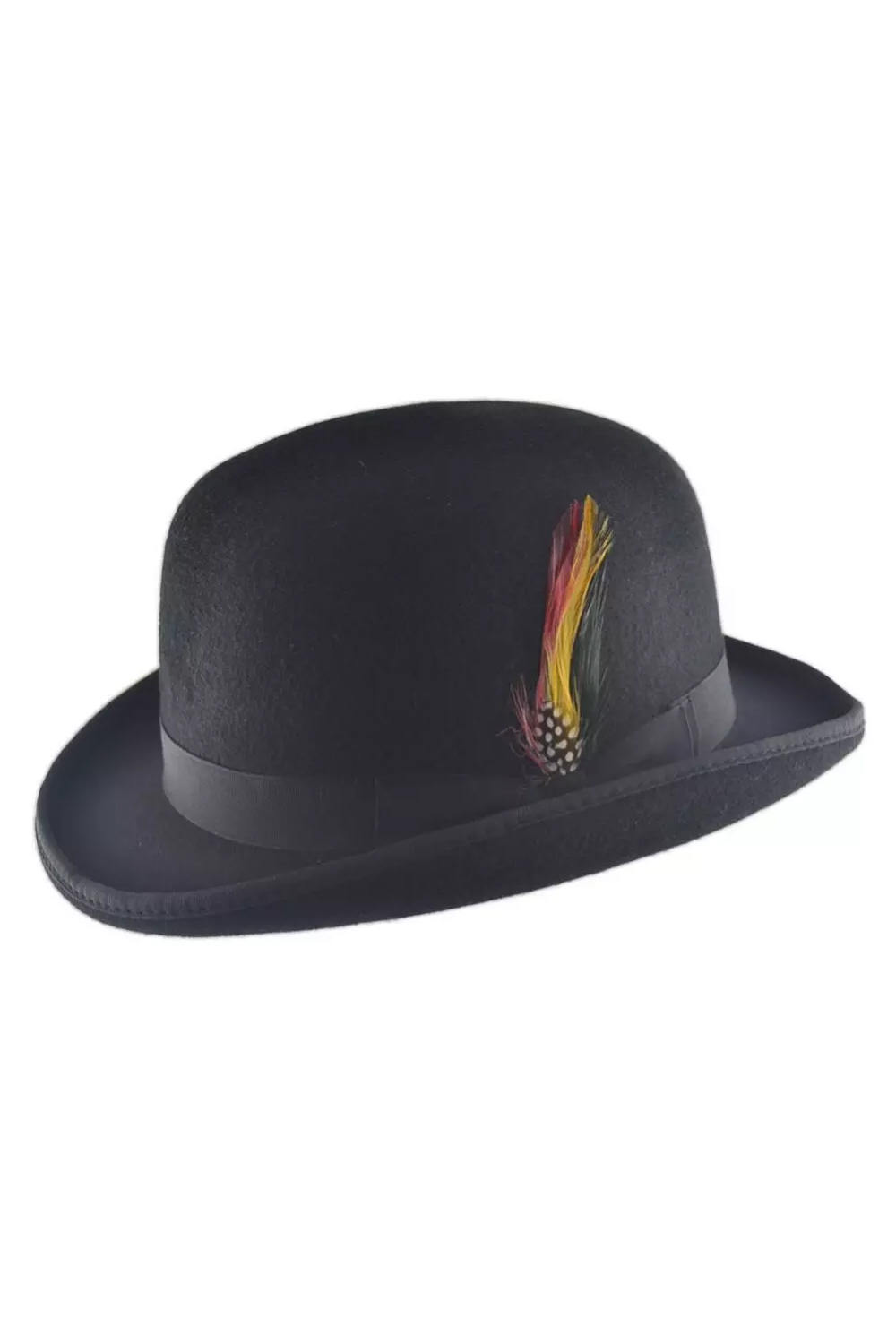 Men Black 100% Wool Bowler Hat with Feather