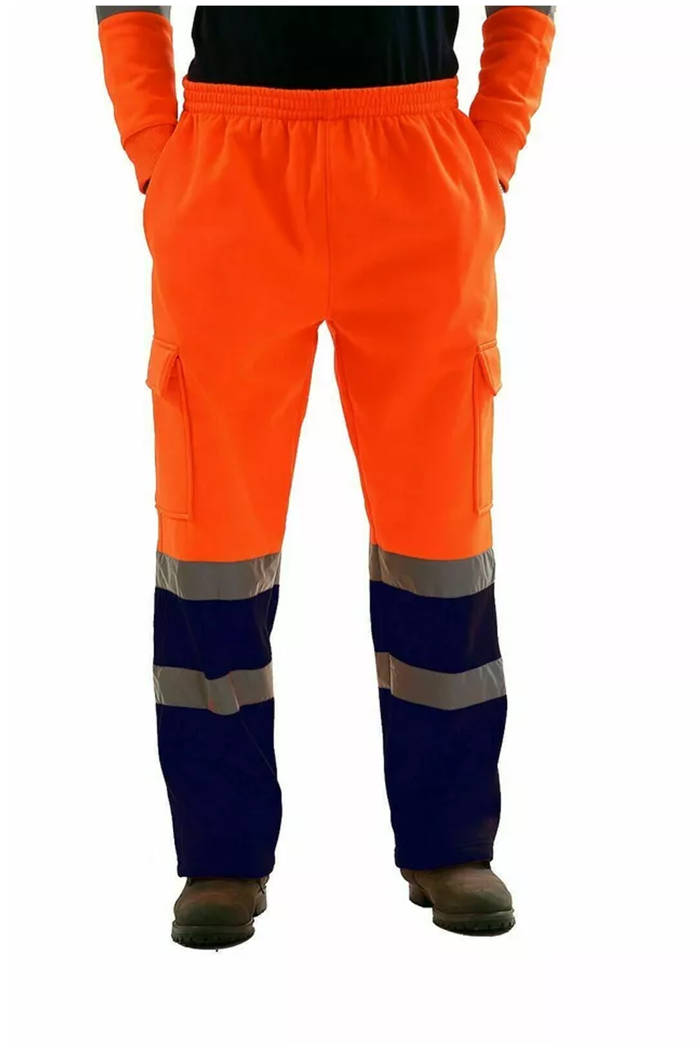 Men Fluorescent Orange Navy Hi Viz Vis Fleece Safety Sweat Pant Trouser