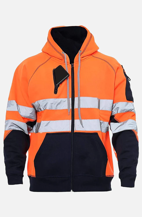 Men Hi Viz 3 Zipper Pocket Hoodie orange navy