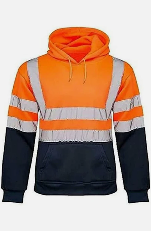 Men Hi Viz Reflective Tape Two Tone Pullover Hoodie orange navy