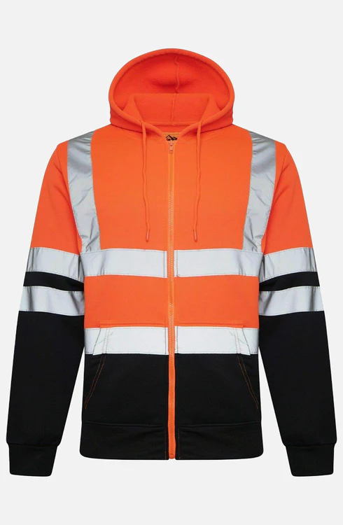 Men Hi Viz Reflective Tape Zipper Hoodie orange navy