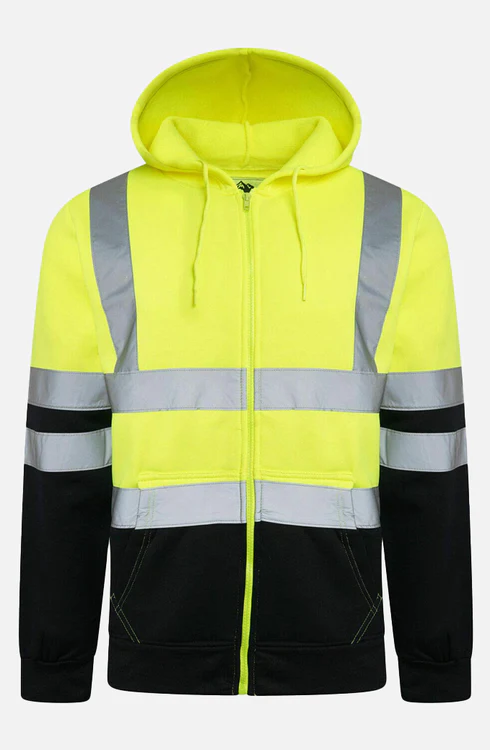 Men Hi Viz Reflective Tape Zipper Hoodie yellow navy