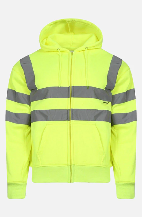 Men Hi Viz Reflective Tape Zipper Hoodie yellow