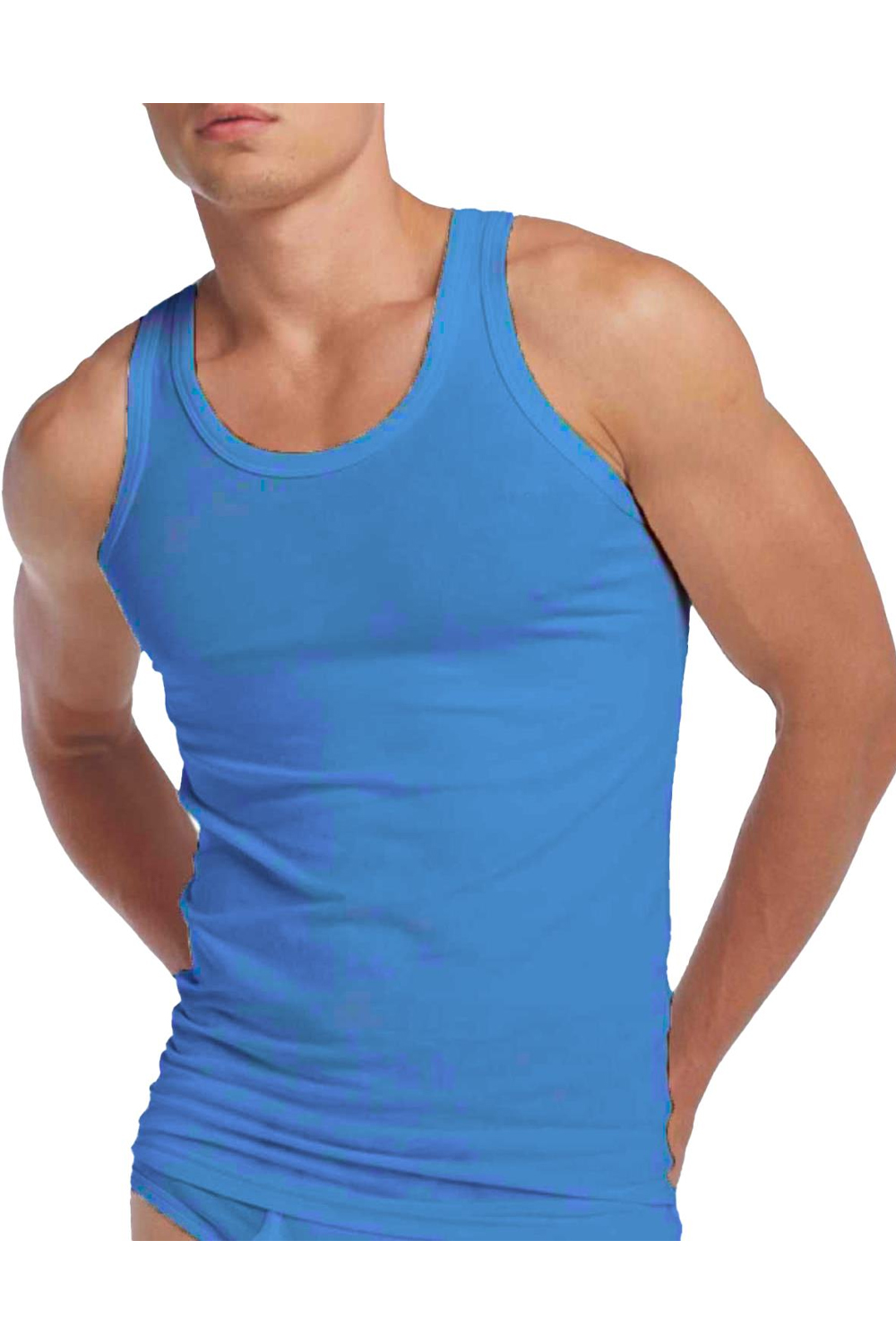Men Mixed Blue Sleeveless Interlock Cotton Vest Undershirt Singlet(Pack Of 12)