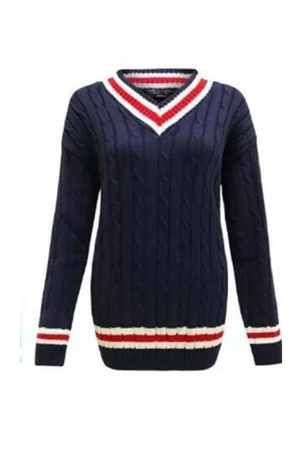 Men Navy V Neck Long Sleeve Cricket Jumper Pullover Sweater