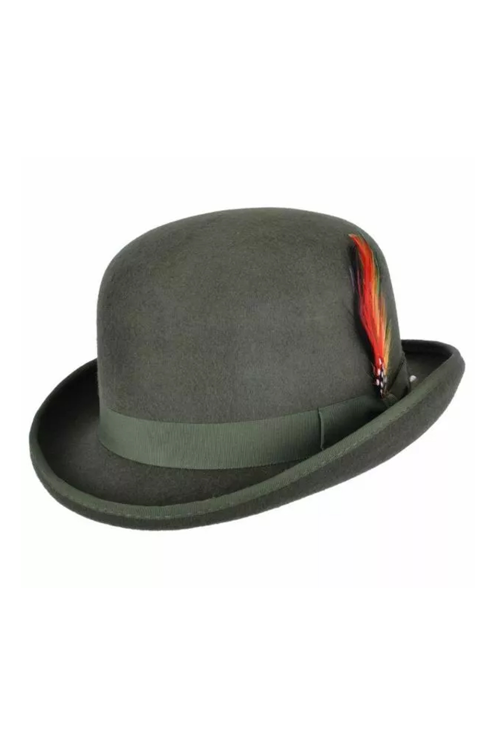 Men Olive 100% Wool Bowler Hat with Feather