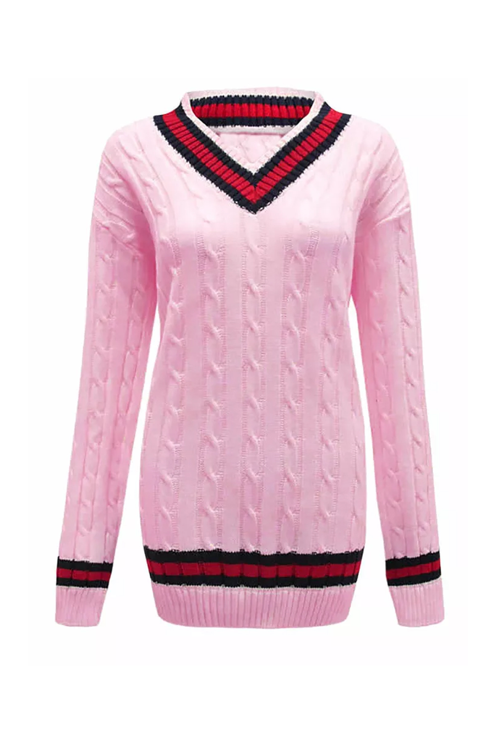 Men Pink V Neck Long Sleeve Cricket Jumper Pullover Sweater