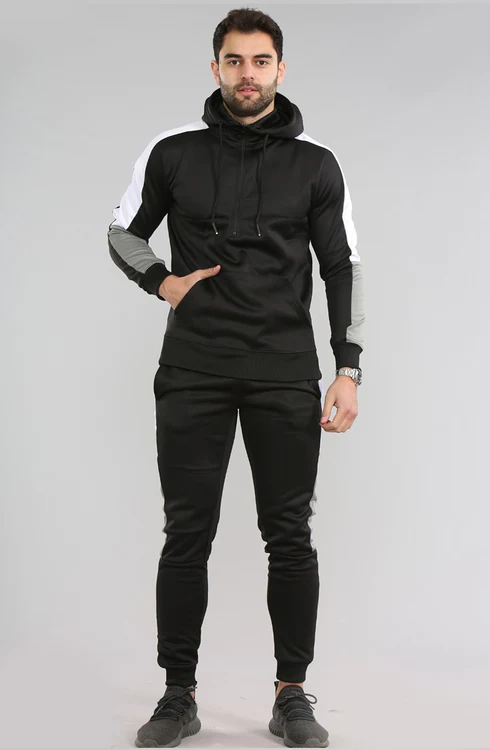 Men Plain Contrast Side Panel Pullover Tracksuit Set Black