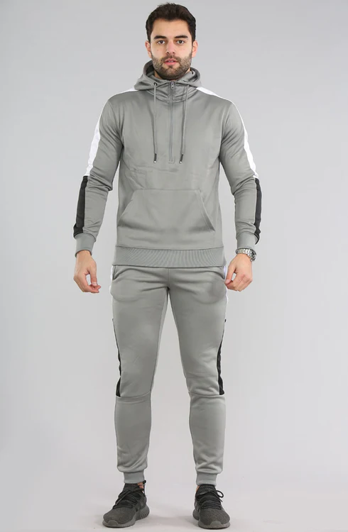 Men Plain Contrast Side Panel Pullover Tracksuit Set grey