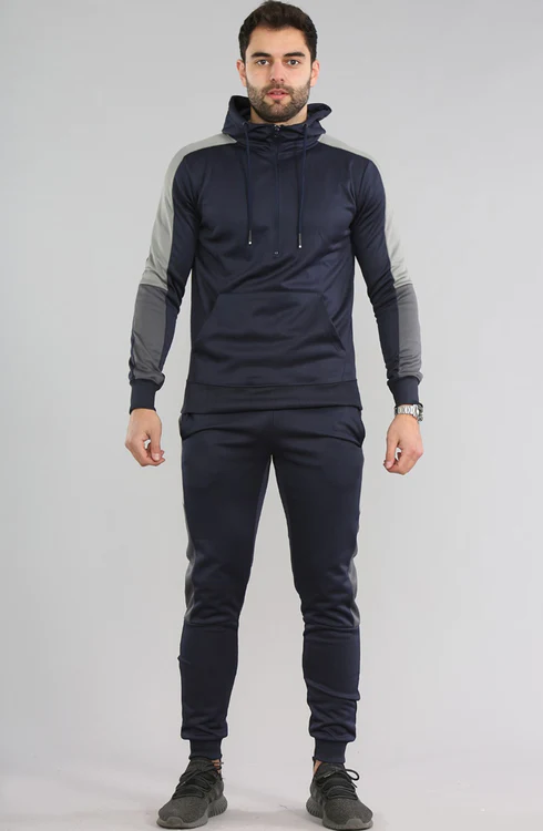 Men Plain Contrast Side Panel Pullover Tracksuit Set navy