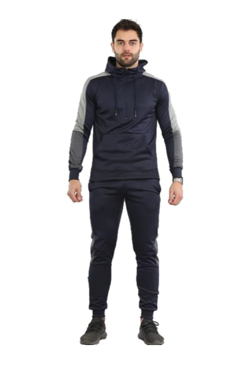 Navy Men Plain Contrast Side Panel Pullover Tracksuit Set