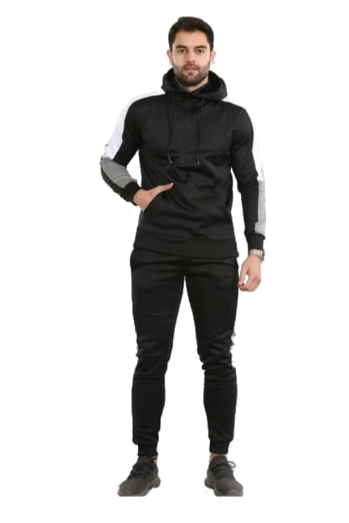 Black Men Plain Contrast Side Panel Pullover Tracksuit Set