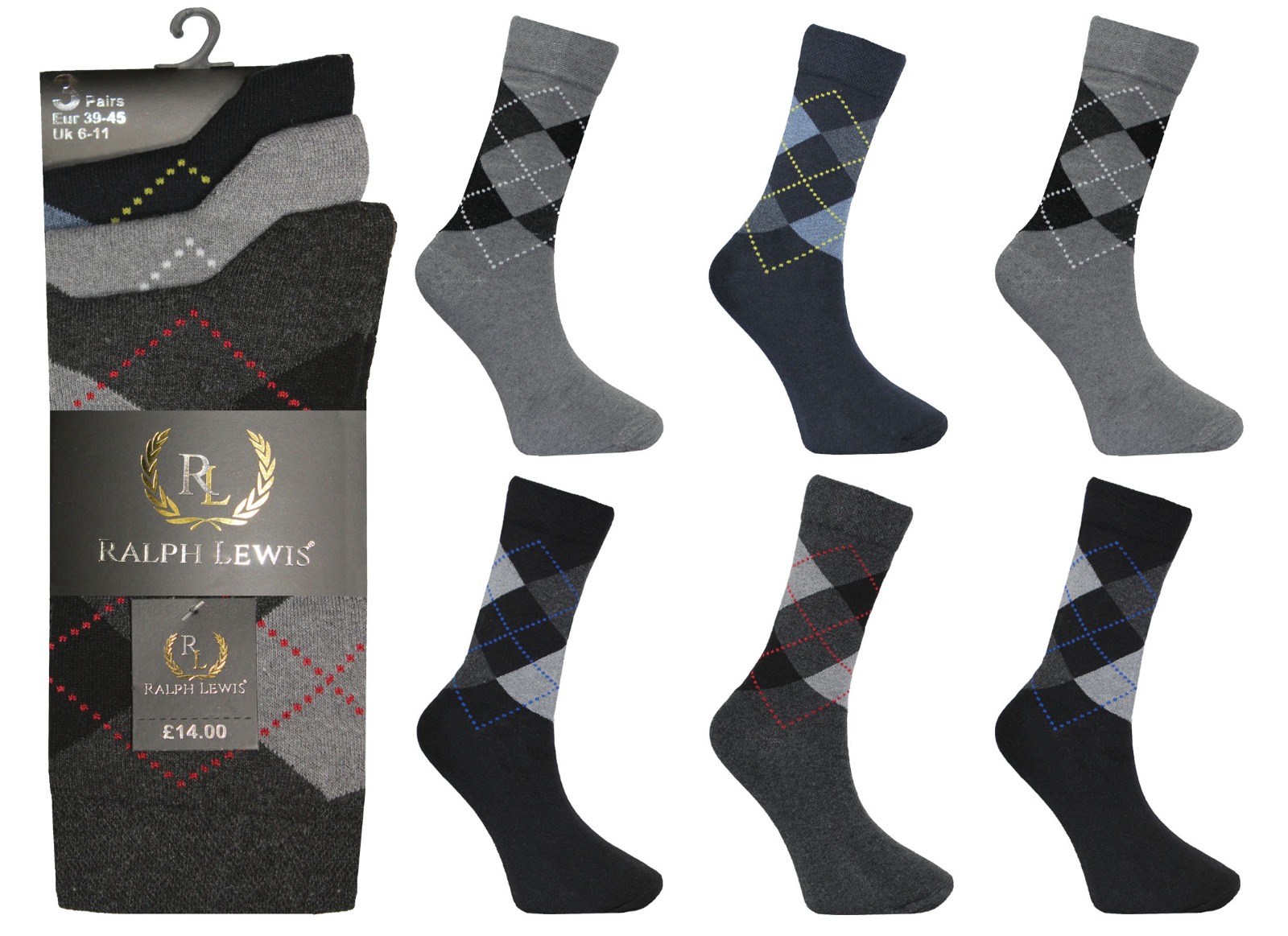 Men's Active Star Dark Argyle Diamond Cotton Socks(12 Pairs)