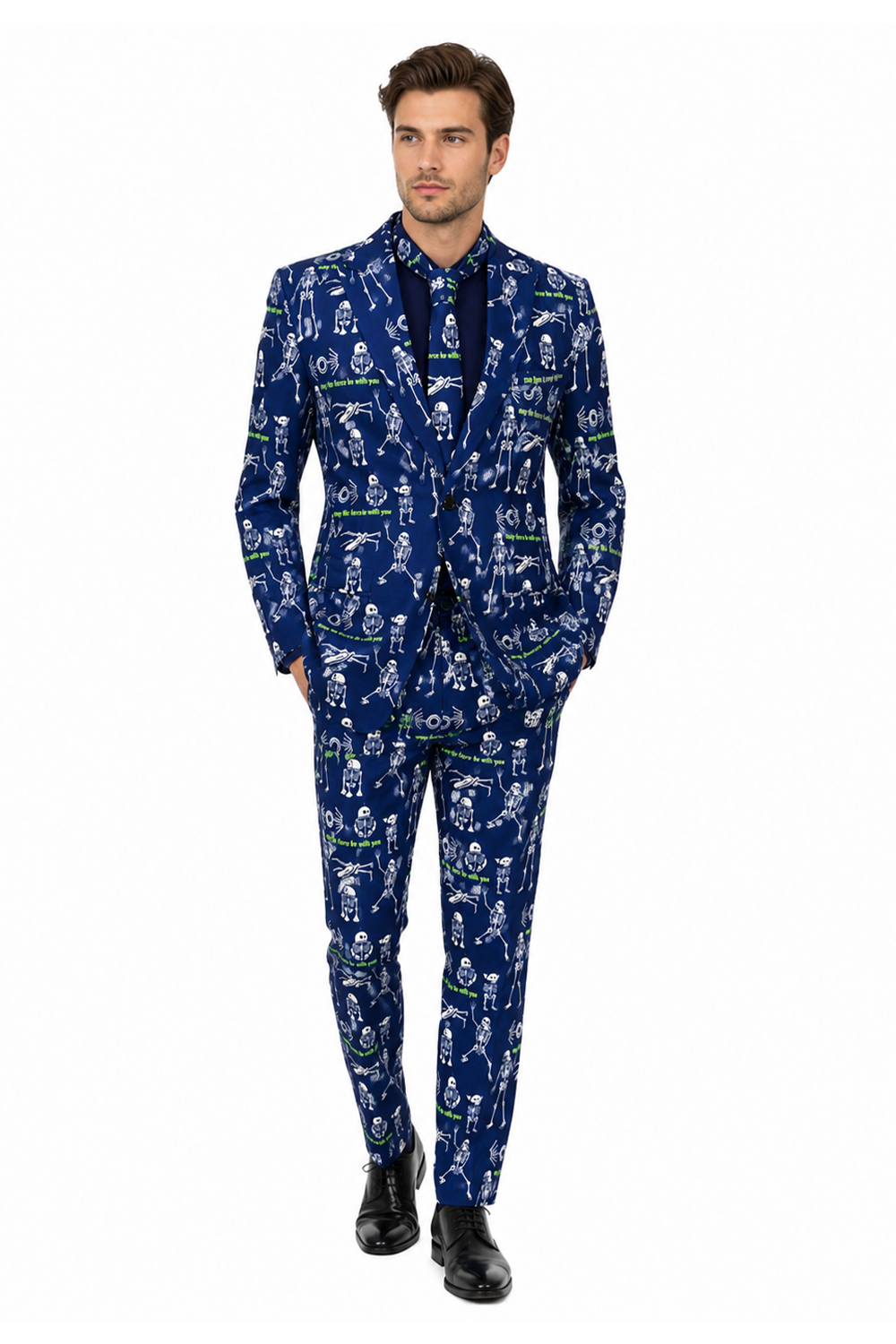 Men’s Navy Skeleton Print Halloween Suit – Blazer Jacket & Pants Set
