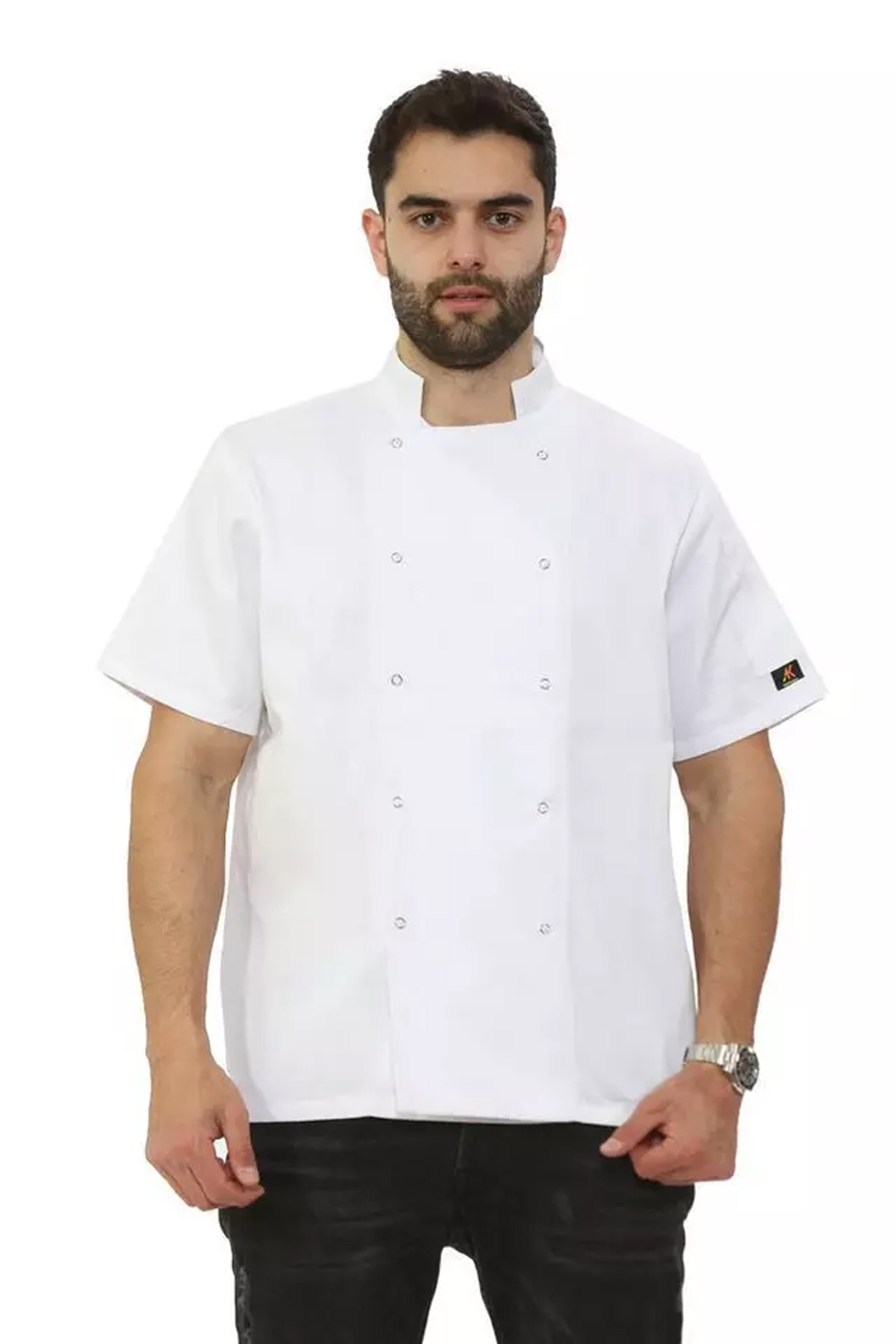 Men White Short Sleeve Double Breasted Chef Jacket Apron