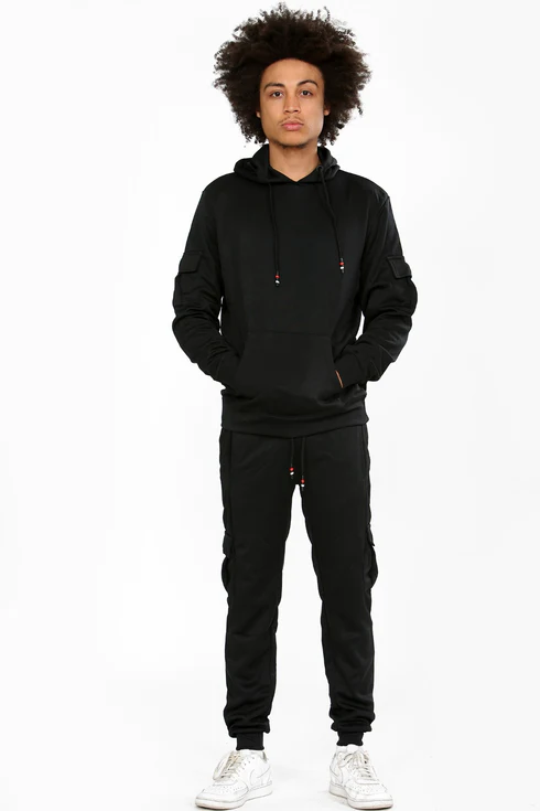 Mens Black Tracksuit Plain Hoodie and Trousers