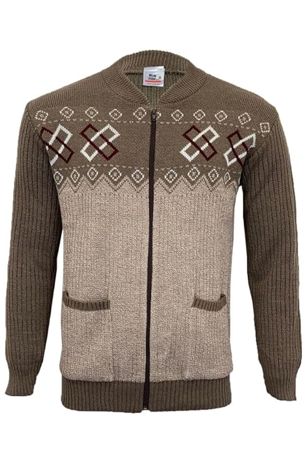 Mens Full Zip Brown Cardigan with Pockets Long Sleeves Jumper