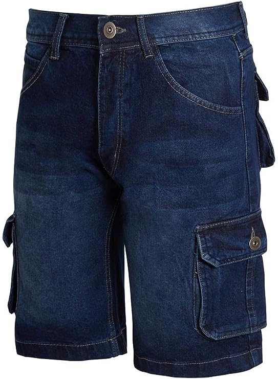 Mens Combat Cargo Shorts Knee Length Cotton Denim Summer Pants Multi Pockets Dark Wash
