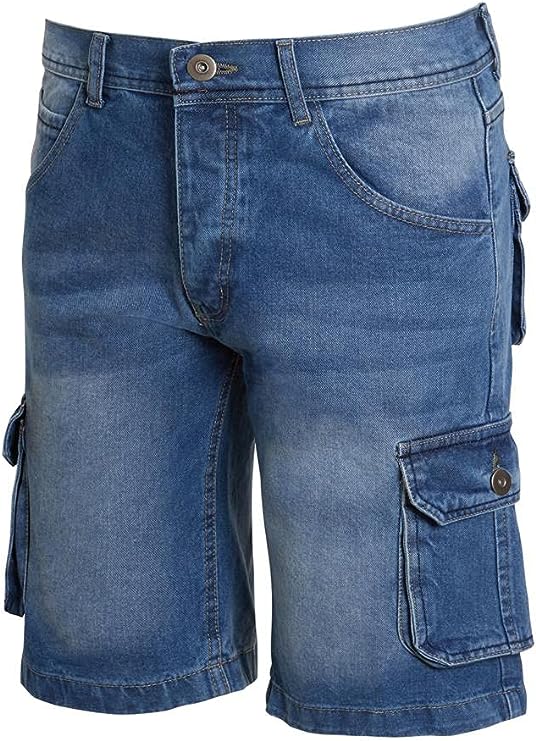 Mens Combat Cargo Shorts Knee Length Cotton Denim Summer Pants Multi Pockets Light Wash
