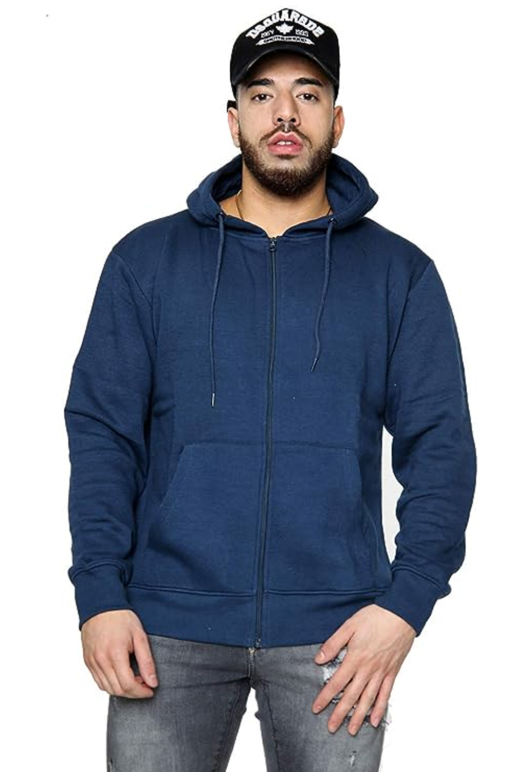 Mens Fleece Hooded Zip Plain Sweatshirt Top Sizes S to 5XL Navy
