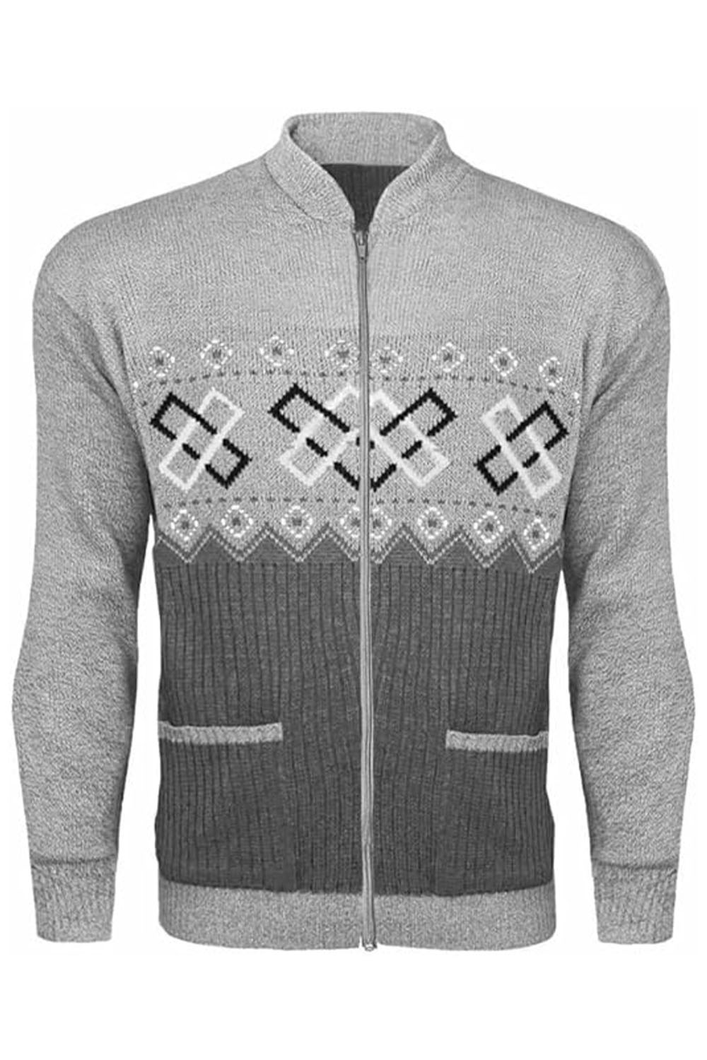 Mens Full Zip Light Grey Cardigan with Pockets Long Sleeves Jumper